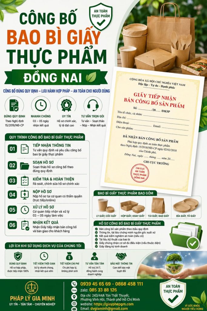 Công bố bao bì giấy thực phẩm Đồng Nai: Điều kiện, hồ sơ và quy trình đảm bảo an toàn 1 Công Bố Bao Bì Giấy Thực Phẩm Đồng Nai