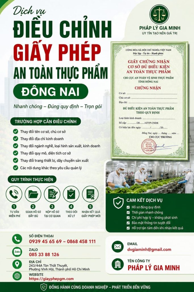 Điều chỉnh giấy phép ATTP Đồng Nai – Hồ sơ, thủ tục và quy trình mới nhất 1 Điều Chỉnh Giấy Phép ATTP Đồng Nai