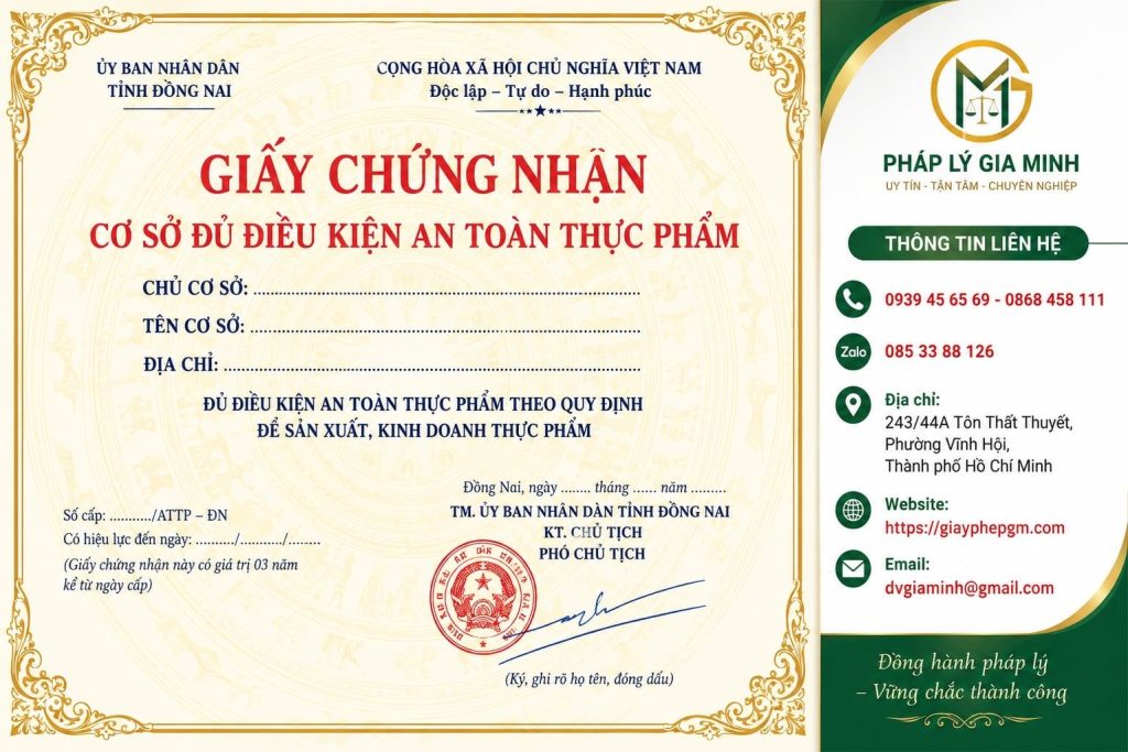 Giấy Chứng Nhận Cơ Sở Đủ Điều Kiện ATTP Đồng Nai