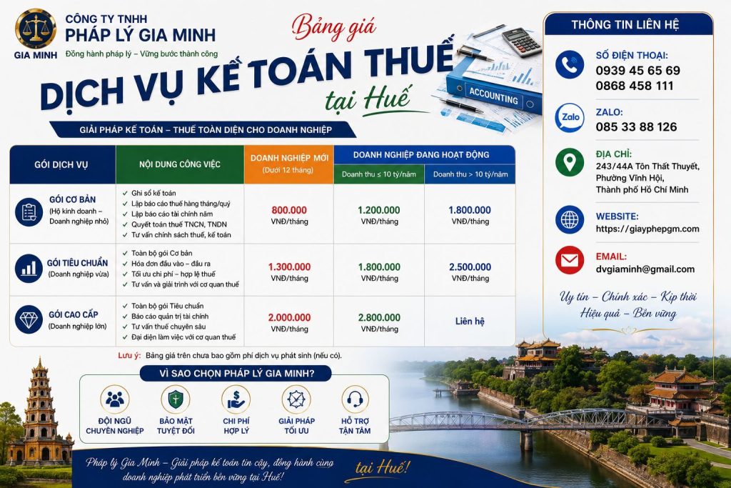 Bảng giá dịch vụ kế toán thuế tại Huế giúp doanh nghiệp so sánh chi phí rõ ràng hơn 1 Bảng giá dịch vụ kế toán thuế tại Huế