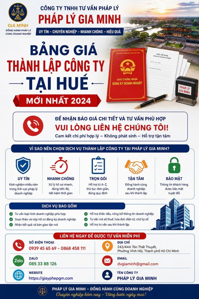 Bảng giá thành lập công ty tại Huế mới nhất