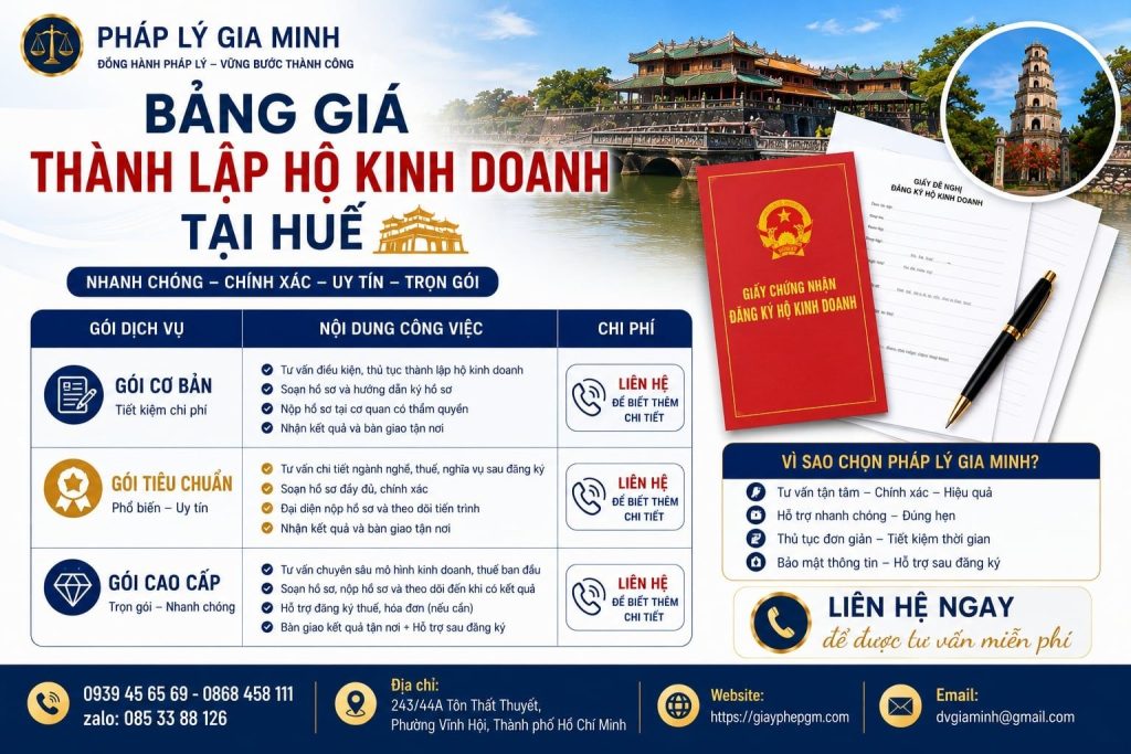 Bảng giá thành lập hộ kinh doanh tại Huế: So sánh từng khoản trước khi lựa chọn 1 Bảng giá thành lập hộ kinh doanh tại Huế
