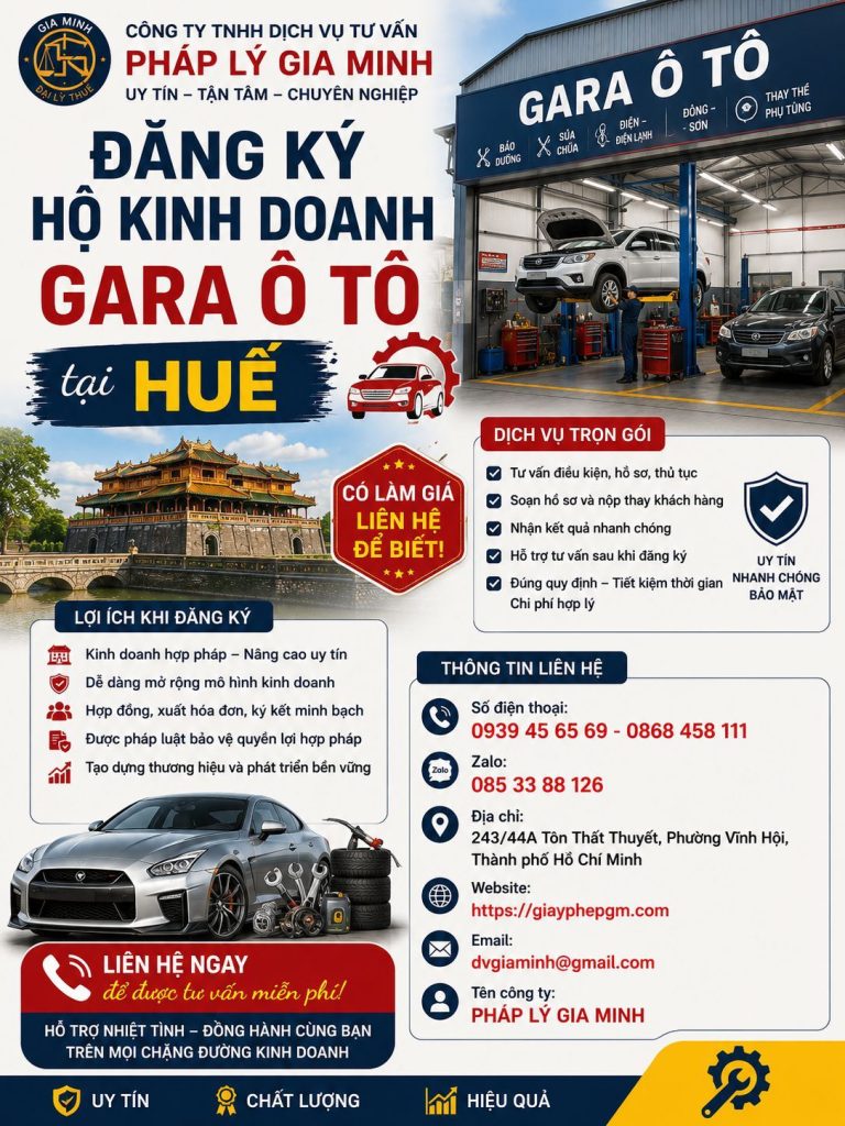Đăng ký hộ kinh doanh gara ô tô tại Huế: Hoàn thiện thủ tục trước khi nhận xe sửa chữa 1 Đăng ký hộ kinh doanh gara ô tô tại Huế