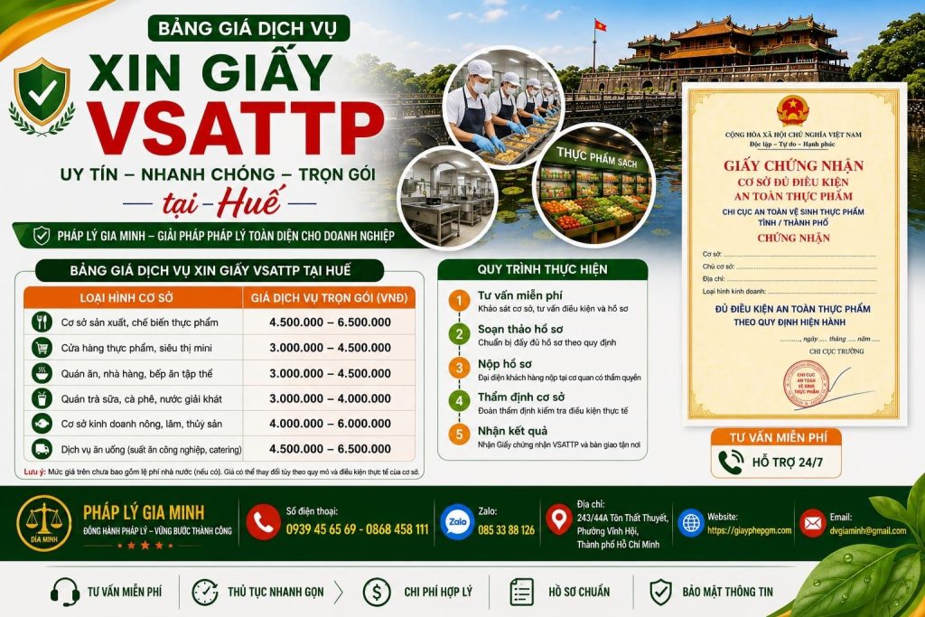 Giá dịch vụ xin giấy VSATTP tại Huế bao nhiêu, phụ thuộc yếu tố nào? 1 Giá dịch vụ xin giấy VSATTP tại Huế