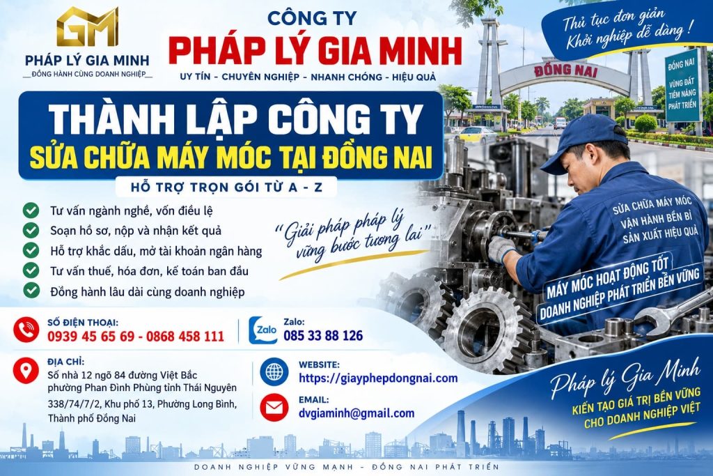 Thành lập công ty sửa chữa máy móc tại Đồng Nai